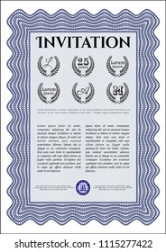 Blue Invitation template. With great quality guilloche pattern. Artistry design. Vector illustration. 