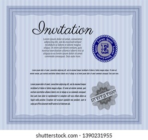 Blue Invitation template. With great quality guilloche pattern. Customizable, Easy to edit and change colors. Cordial design. 