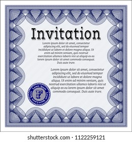 Blue Invitation template. With guilloche pattern. Cordial design. Vector illustration. 