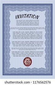 Blue Invitation template. With guilloche pattern and background. Vector illustration. Artistry design. 