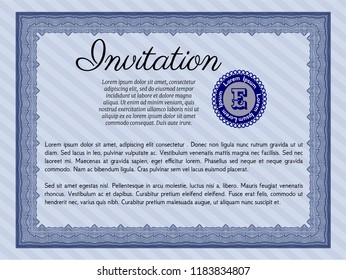 Blue Invitation template. With guilloche pattern and background. Vector illustration. Elegant design. 