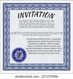 Blue Invitation template. With guilloche pattern. Detailed. Money Pattern. 