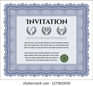 Blue Invitation template. With guilloche pattern and background. Detailed. Money style design. 