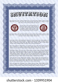 Blue Invitation template. With guilloche pattern and background. Money Pattern design. Customizable, Easy to edit and change colors. 