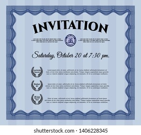 Blue Invitation template. With guilloche pattern. Customizable, Easy to edit and change colors. Cordial design. 
