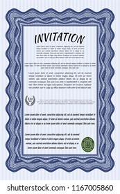 Blue Invitation template. With linear background. Sophisticated design. Detailed. 