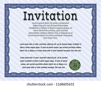 Blue Invitation template. With linear background. Good design. Detailed. 