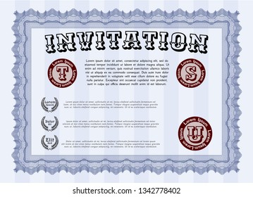Blue Invitation template. With linear background. Detailed. Perfect design. 