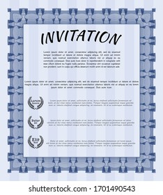 Blue Invitation template. With linear background. Artistry design. Detailed. 