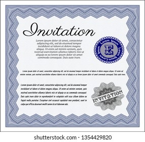 Blue Invitation template. Lovely design. Detailed. With guilloche pattern and background. 