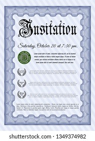 Blue Invitation template. Money Pattern design. Vector illustration. With guilloche pattern and background. 