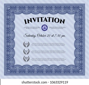 Blue Invitation template. Money style design. With guilloche pattern and background. Customizable, Easy to edit and change colors. 