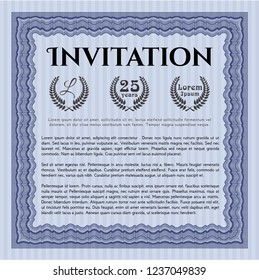 Blue Invitation template. Money style design. Vector illustration. With guilloche pattern. 