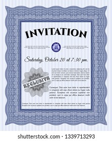Blue Invitation template. Nice design. Detailed. With guilloche pattern and background. 