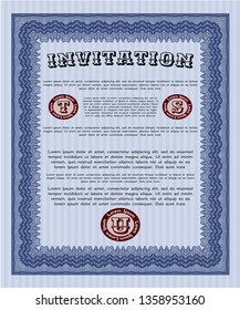 Blue Invitation template. Perfect design. With guilloche pattern. Vector illustration. 