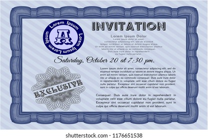 Blue Invitation template. Printer friendly. Sophisticated design. Vector illustration. 