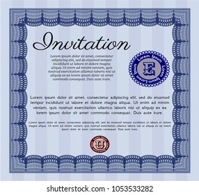 Blue Invitation template. Retro design. With guilloche pattern and background. Detailed. 