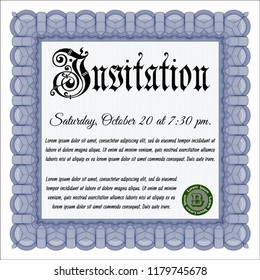 Blue Invitation template. Retro design. Detailed. With guilloche pattern and background. 