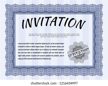 Blue Invitation template. Sophisticated design. Detailed. With background. 