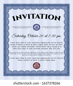 Blue Invitation template. Sophisticated design. With great quality guilloche pattern. Detailed. 