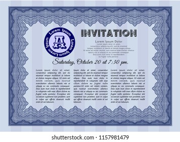 Blue Invitation template. Superior design. Detailed. With complex linear background. 