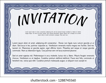Blue Invitation template. Superior design. Detailed. With guilloche pattern and background. 
