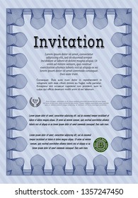 Blue Invitation template. Superior design. With guilloche pattern and background. Customizable, Easy to edit and change colors. 