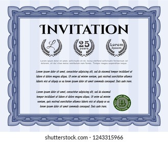 Blue Invitation template. Vector illustration. With guilloche pattern. Money Pattern design. 