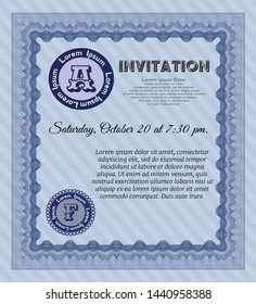  Blue Invitation template. Vector illustration. With great quality guilloche pattern. Retro design. 