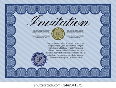 Blue Invitation template. Vector illustration. Complex background. Money Pattern design. 