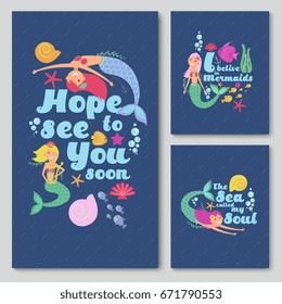 Blue invitation vector cards with cute cartoon sea mermaid, starfish and fishes. Set of cards with mermaid and color fish illustration