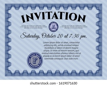 Blue Invitation. Vector illustration. Easy to print. Elegant design. 