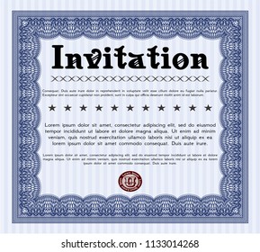 Blue Invitation. Vector illustration. With great quality guilloche pattern. Money style design. 