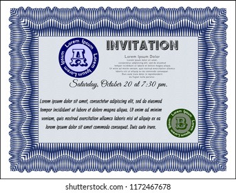 Blue Invitation. Vector illustration. Printer friendly. Modern design. 