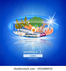 Blue Iodine mineral capsules. Benefits Healthy food of vitamins with mineral seafood and vegetables. Medical and dietary supplement care concept. 3D Vector EPS10 illustration