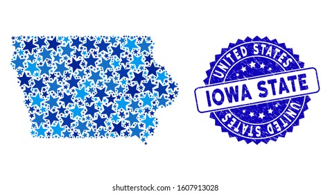 Blue Iowa State map mosaic of stars, and distress rounded stamp. Abstract territory scheme in blue shades. Vector Iowa State map is designed with blue stars.