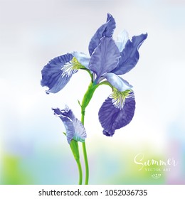 Blue Iris flower with bud on blurred background. Botanical vector drawing in watercolor style for romantic greeting cards, wedding decoration, invitations, posters, banners, spring and summer sales.