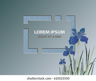 Blue iris flower isolated on greenish background. Patterned with circles big blue frame in center of composition. Vector illustration. Element for design of invitations, movie posters, other objects.
