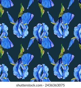 Blue iris flower isolated vector seamless pattern. Dark blue bud, light transparent petals. Iris blossom blue flower with delicate petals.