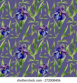 Blue iris flowers with bee watercolor seamless pattern on purple background vector illustration