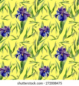 Blue iris flowers with bee watercolor seamless pattern on yellow background vector illustration