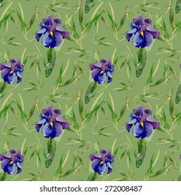 Blue iris flowers with bee watercolor seamless pattern on green background vector illustration