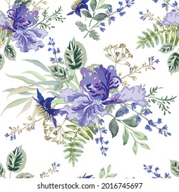 Blue iris flowers with green leaves bouquets, white background. Floral illustration. Vector seamless pattern. Botanical design. Nature summer plants. Romantic wedding
