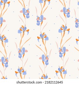 Blue Iris Flowers Vector Seamless Pattern on beige background. Floral flat illustration for Fabric, Wallpaper, Invitations