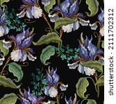 Blue irises flowers and meadow herbs seamless pattern. Embroidery. Summer garden concept. Fashion art nouveau template for clothes, t-shirt design