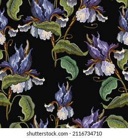 Blue irises flowers seamless pattern. Embroidery. Summer garden concept. Fashion art nouveau template for clothes, t-shirt design