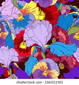 blue irises and red and purple pansy on a dark background. Seamless vector pattern. Hand drawing flowers  vector illustration.