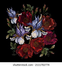 Azulejos azules y rosas rojas flores. Arte de bordado. Fondo veraniego de jardín florido. Plantilla de moda para ropa, diseño de camisetas