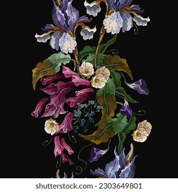 Blue irises and  violet hyacinths and white apple flowers. Vertical seamless pattern. Embroidery style. Fashion template for design of clothes, tapestry. Spring garden art