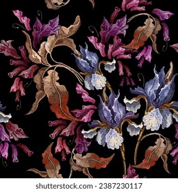 Blue irises and violet hyacinths and white apple flowers. Seamless pattern. Embroidery style. Fashion template for design of clothes, tapestry. Spring garden art 库存矢量图